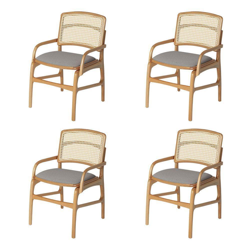Jogo 4 Cadeiras De Jantar Florença Estrutura Em Madeira Jequitibá Natural Braço Encosto Palha Linho Cinza - 6