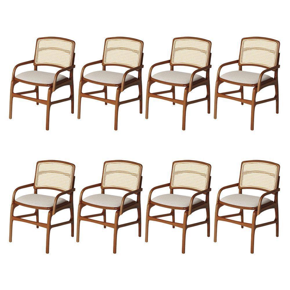 Conjunto 8 Cadeiras De Jantar Florença Em Madeira Jequitibá Terra Braço Encosto Palha Linho Bege - 1