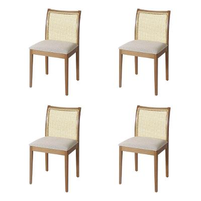 Jogo 4 Cadeiras De Jantar Juliana Jequitibá Natural Em Madeira Maciça Encosto Palha Linho Bege