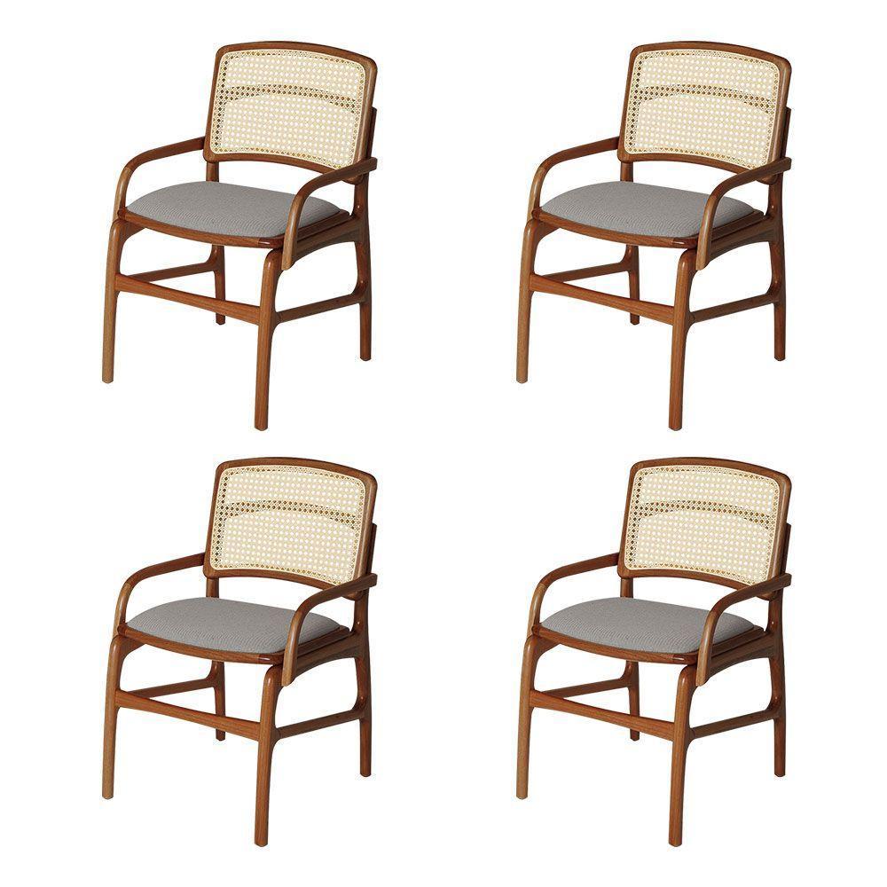 Jogo 4 Cadeiras Para Jantar Florença Em Madeira Jequitibá Terra Braço Encosto Palha Linho Cinza - 1