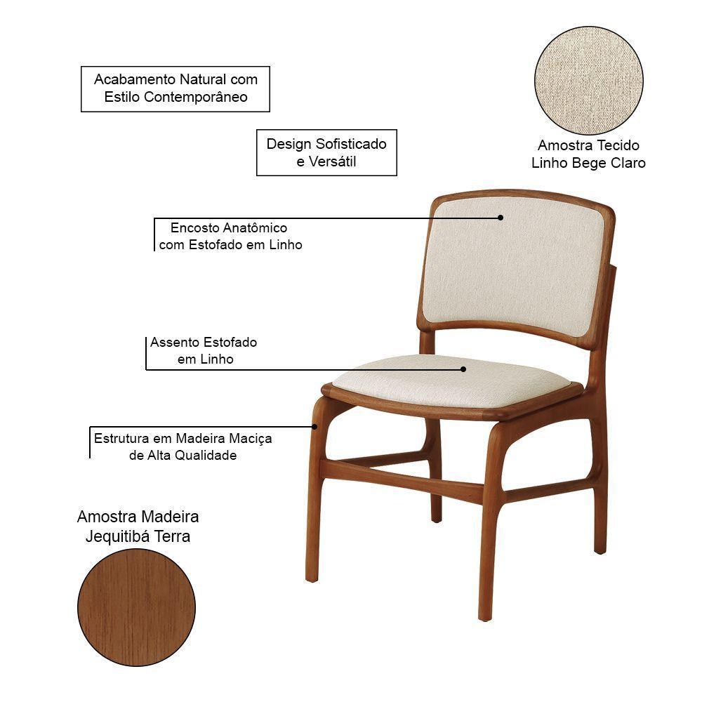 Jogo 2 Cadeiras De Jantar Florença Jequitibá Terra Encosto Em Tecido Premium Em Linho Bege - 3