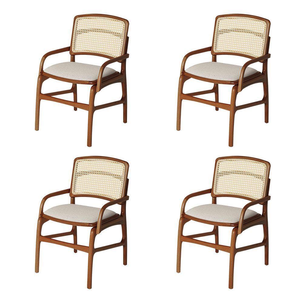 Jogo 4 Cadeiras Para Jantar Florença Em Madeira Jequitibá Terra Braço Encosto Palha Linho Bege - 1