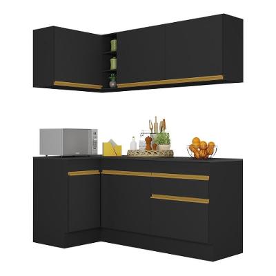 Armário de Cozinha Compacta de Canto V2092 6 Portas 1 Gaveta MDF 90cm Preto-dourado