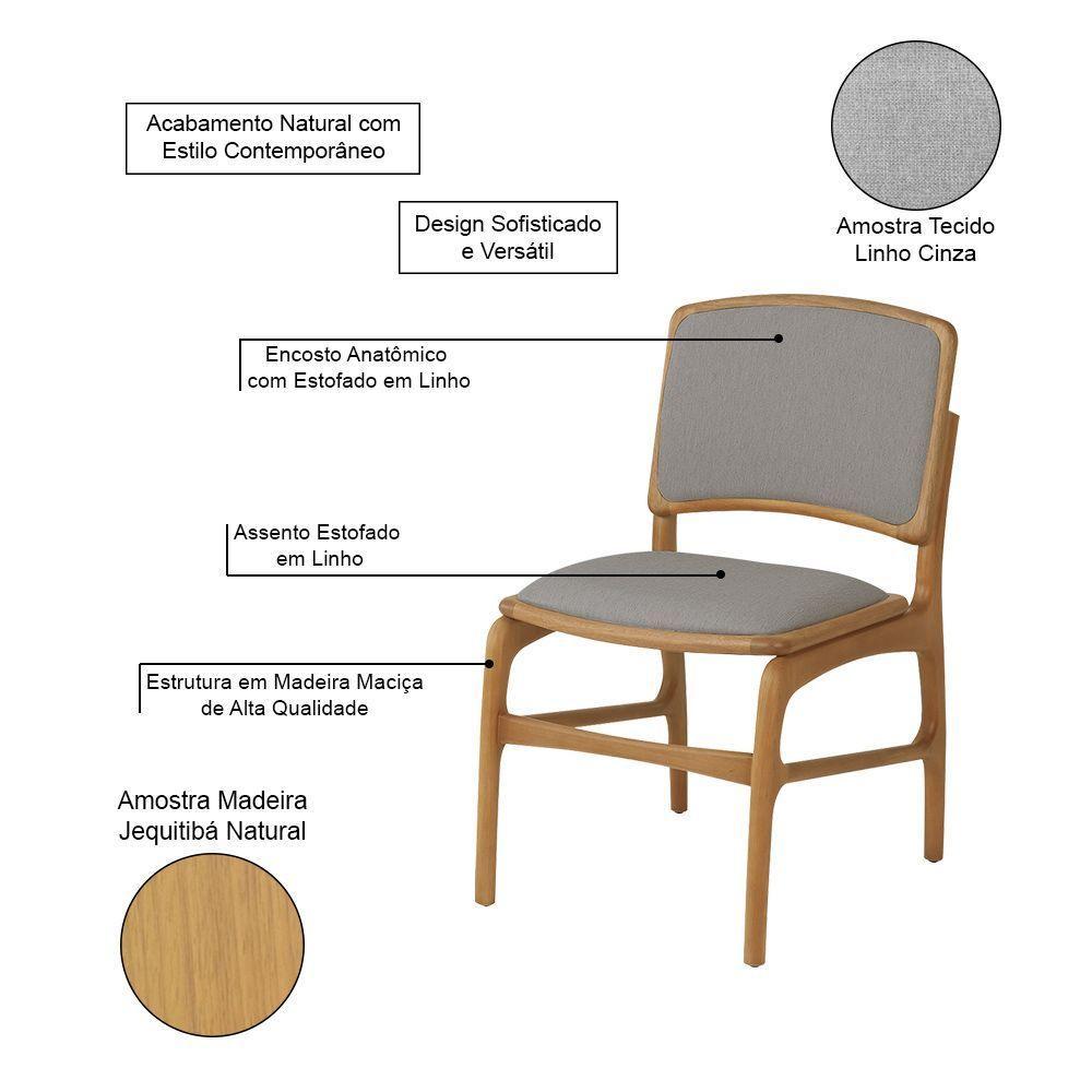 Jogo 8 Cadeiras De Jantar Florença Em Madeira Jequitibá Natural Encosto Em Tecido Premium Linho Cinz - 3