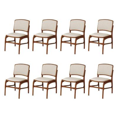 Jogo 8 Cadeiras De Jantar Florença Em Madeira Jequitibá Terra Encosto Em Tecido Premium Linho Bege