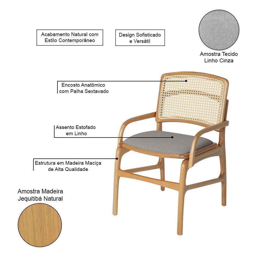 Conjunto 8 Cadeiras De Cozinha Florença Em Madeira Jequitibá Natural Braço Encosto Palha Linho Cinza - 3