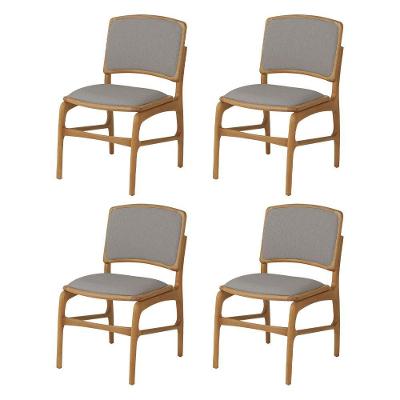 Jogo 4 Cadeiras De Jantar Florença Em Madeira Jequitibá Natural Encosto Em Tecido Premium Linho Cinz