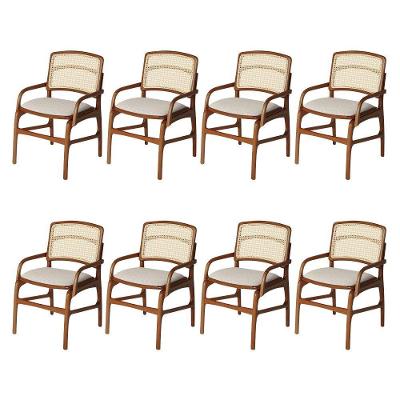 Jogo 8 Cadeiras Para Jantar Florença Em Madeira Jequitibá Terra Braço Encosto Palha Linho Bege