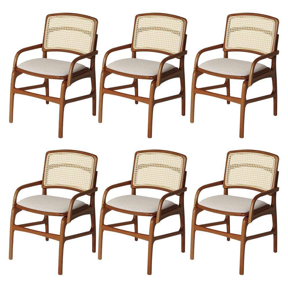 Jogo 6 Cadeiras De Jantar Florença Estrutura Em Madeira Jequitibá Terra Braço Encosto Palha Linho Bege - 1