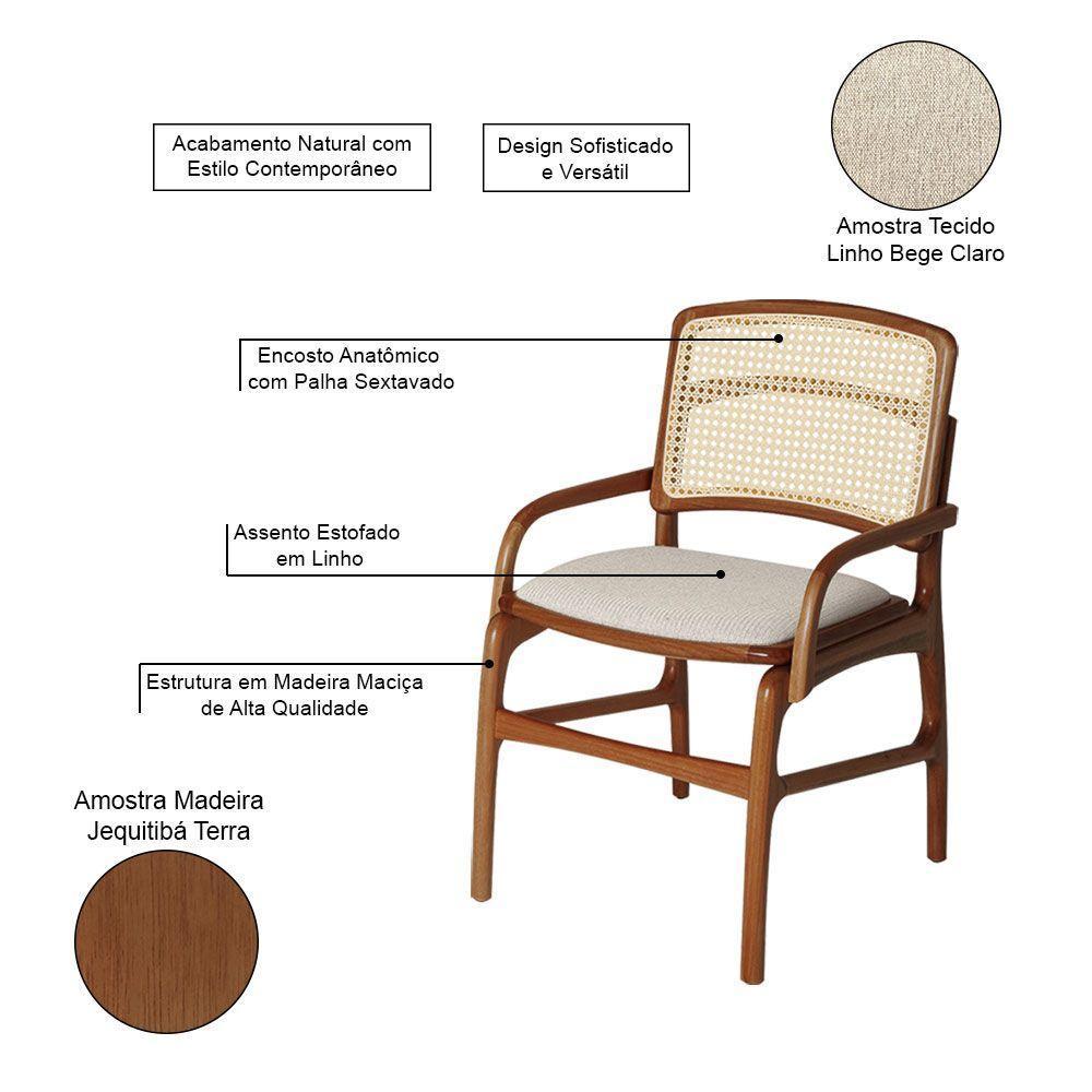 Cadeira Para Cozinha Florença Madeira Jequitibá Terra - Com Braço Linho Bege E Encosto De Palha - 3