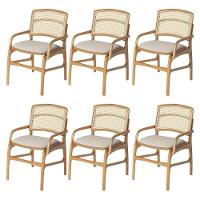 Conjunto 6 Cadeiras De Cozinha Florença Em Madeira Jequitibá Natural Braço Encosto Palha Linho Bege - 1