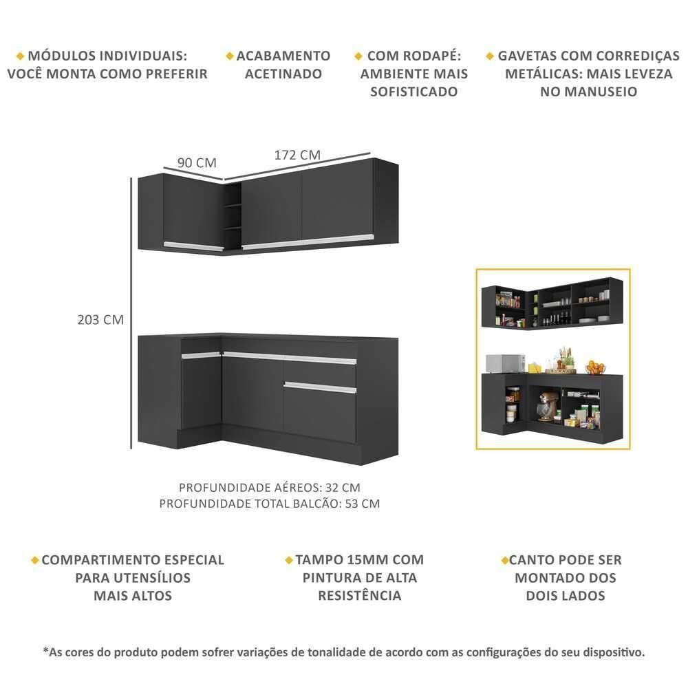 Armário De Cozinha Compacta De Canto Com Rodapé Veneza Multimóveis V2092 Preto/branco Preto/branco - 5