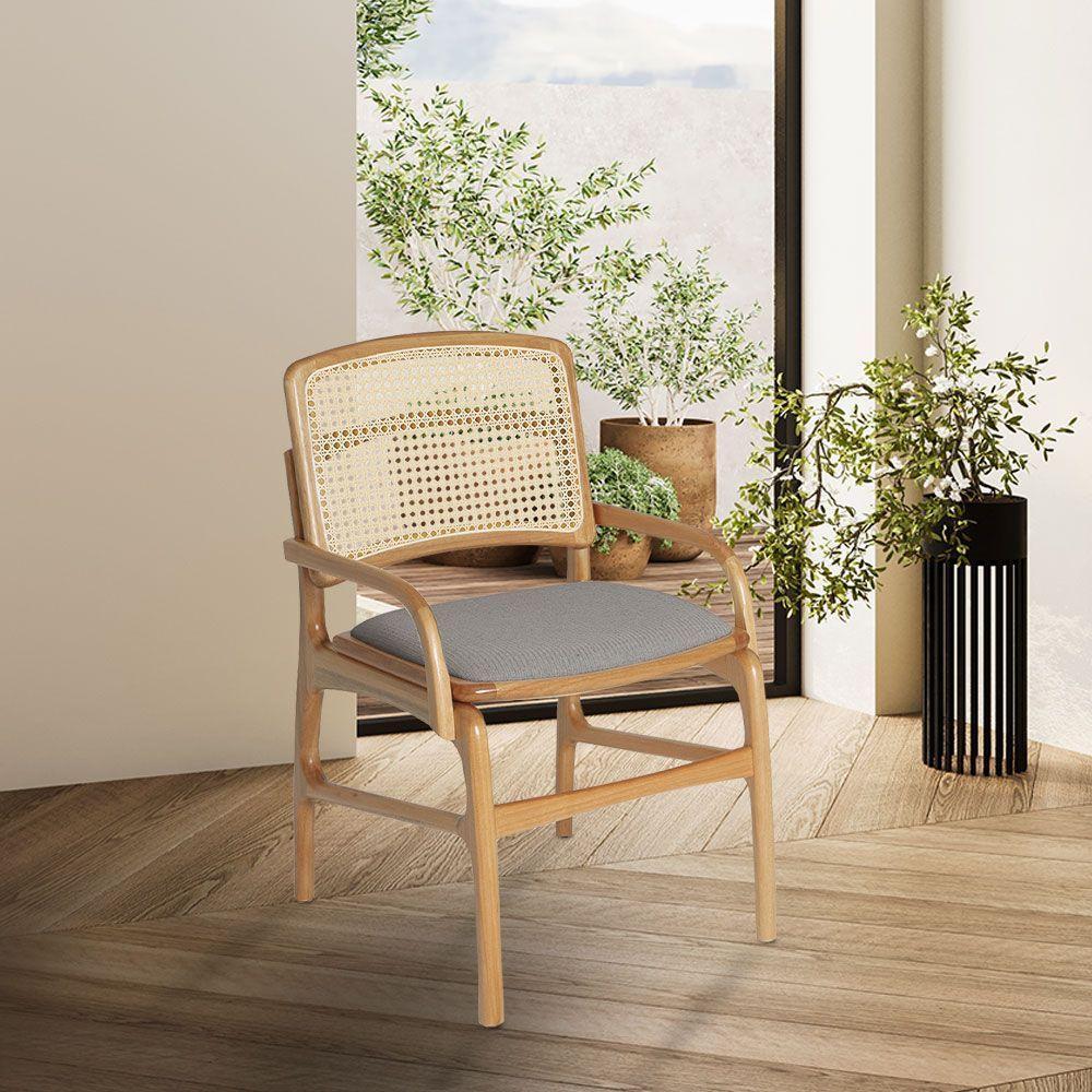 Jogo 8 Cadeiras Para Jantar Florença Em Madeira Jequitibá Natural Braço Encosto Palha Linho Cinza - 2