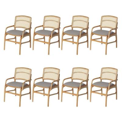 Jogo 8 Cadeiras Para Jantar Florença Em Madeira Jequitibá Natural Braço Encosto Palha Linho Cinza
