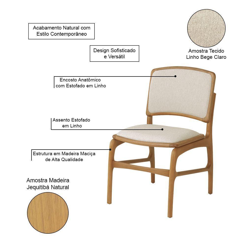 Cadeira Para Jantar Florença Jequitibá Natural Encosto Em Tecido Linho Bege - 3