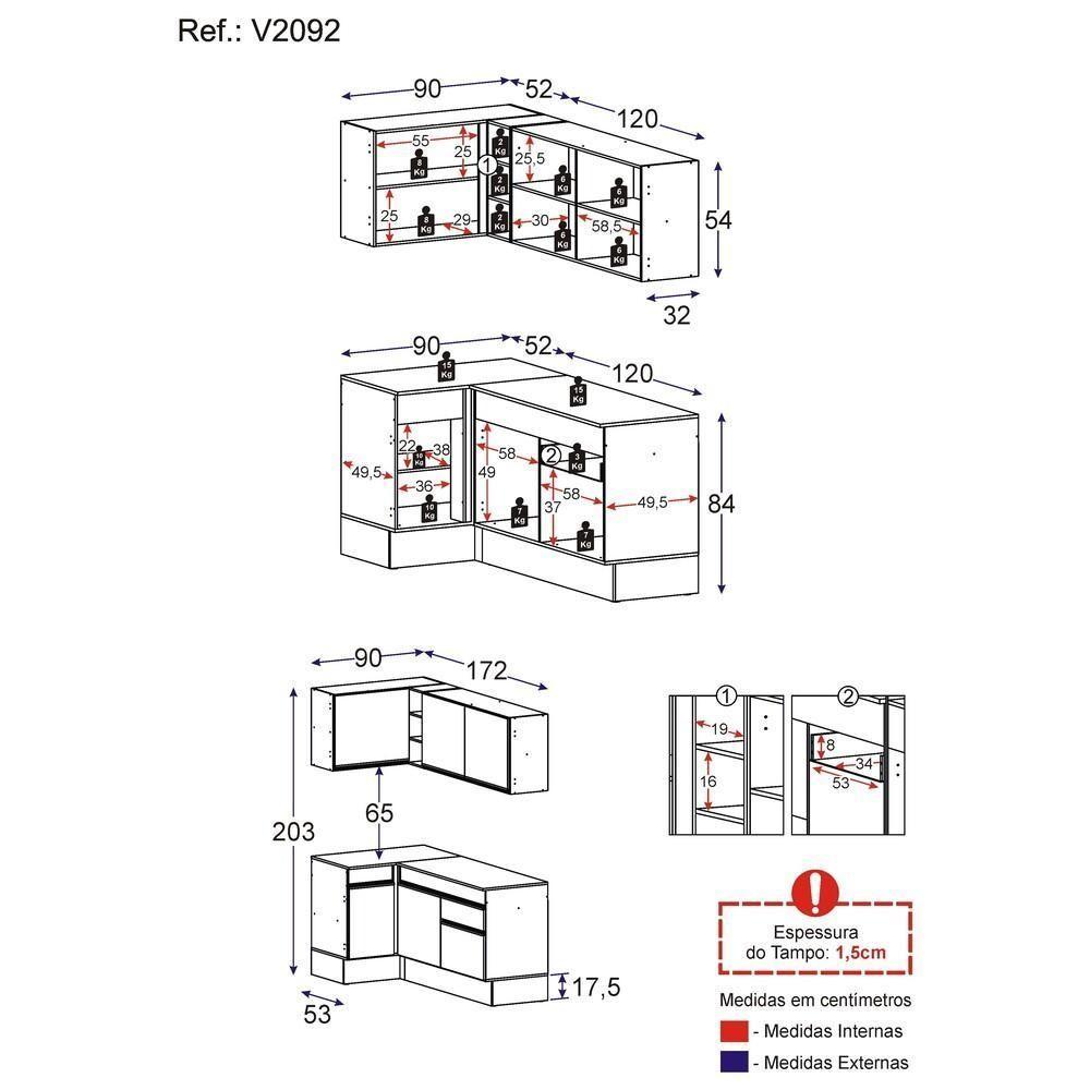 Armário De Cozinha Compacta De Canto Com Rodapé Veneza Multimóveis V2092 Branco/preto Branco/preto - 4