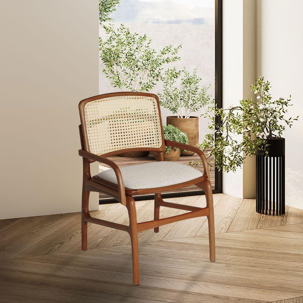 Jogo 2 Cadeiras De Jantar Florença Estrutura Em Madeira Jequitibá Terra Braço Encosto Palha Linho Bege - 2