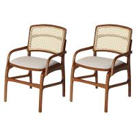 Jogo 2 Cadeiras De Jantar Florença Estrutura Em Madeira Jequitibá Terra Braço Encosto Palha Linho Bege - 1