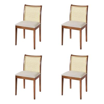 Jogo 4 Cadeiras De Jantar Juliana Jequitibá Terra Em Madeira Maciça Encosto Palha Linho Bege