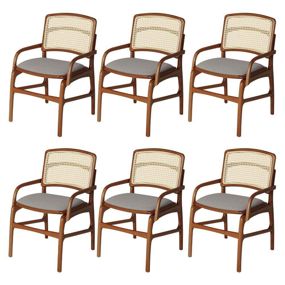Jogo 6 Cadeiras De Jantar Florença Estrutura Em Madeira Jequitibá Terra Braço Encosto Palha Linho Cinza - 1