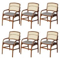Jogo 6 Cadeiras De Jantar Florença Estrutura Em Madeira Jequitibá Terra Braço Encosto Palha Linho Cinza - 1