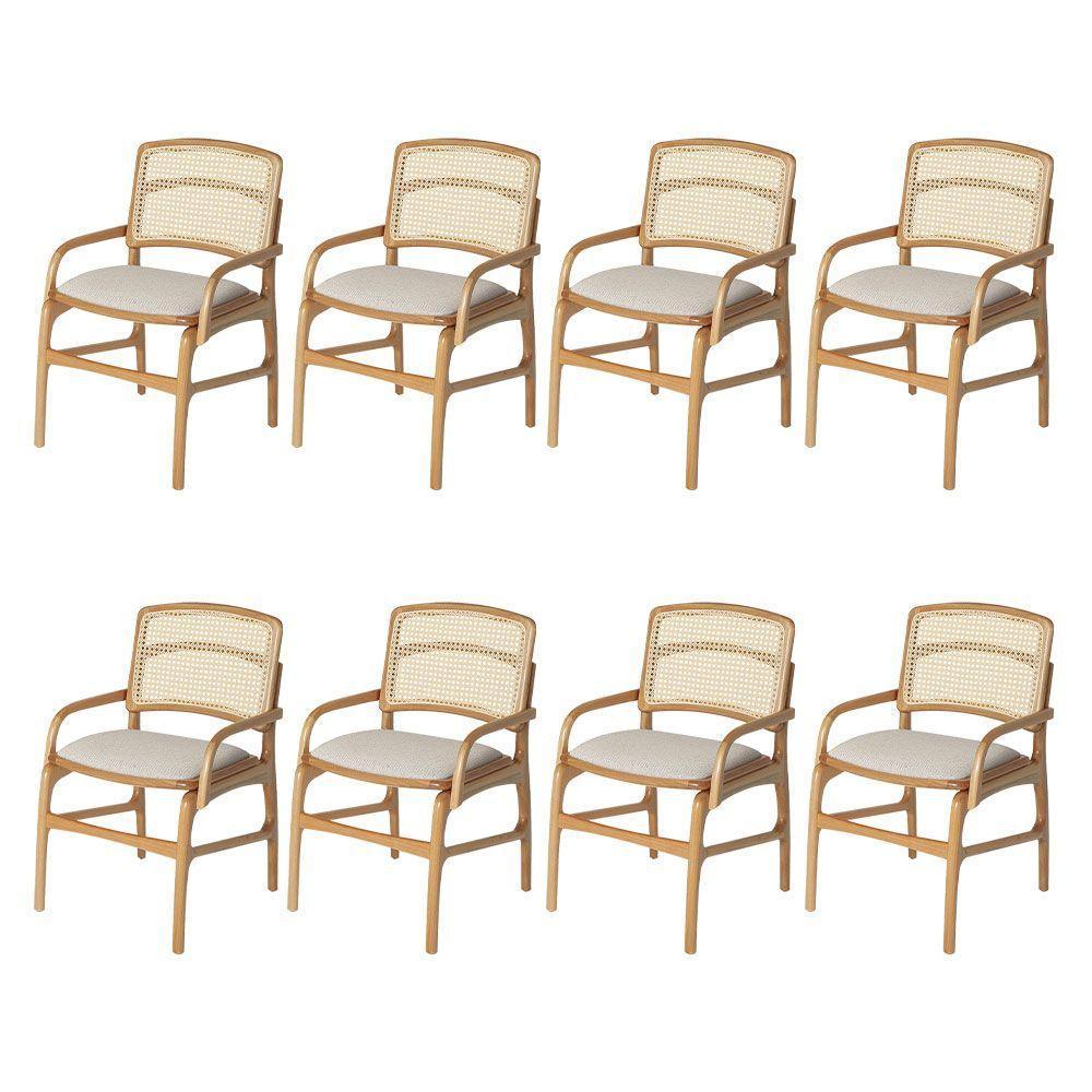 Conjunto 8 Cadeiras De Jantar Florença Em Madeira Jequitibá Natural Braço Encosto Palha Linho Bege - 1