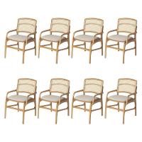 Conjunto 8 Cadeiras De Jantar Florença Em Madeira Jequitibá Natural Braço Encosto Palha Linho Bege - 1