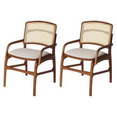 Conjunto 2 Cadeiras De Cozinha Florença Em Madeira Jequitibá Terra Braço Encosto Palha Linho Bege