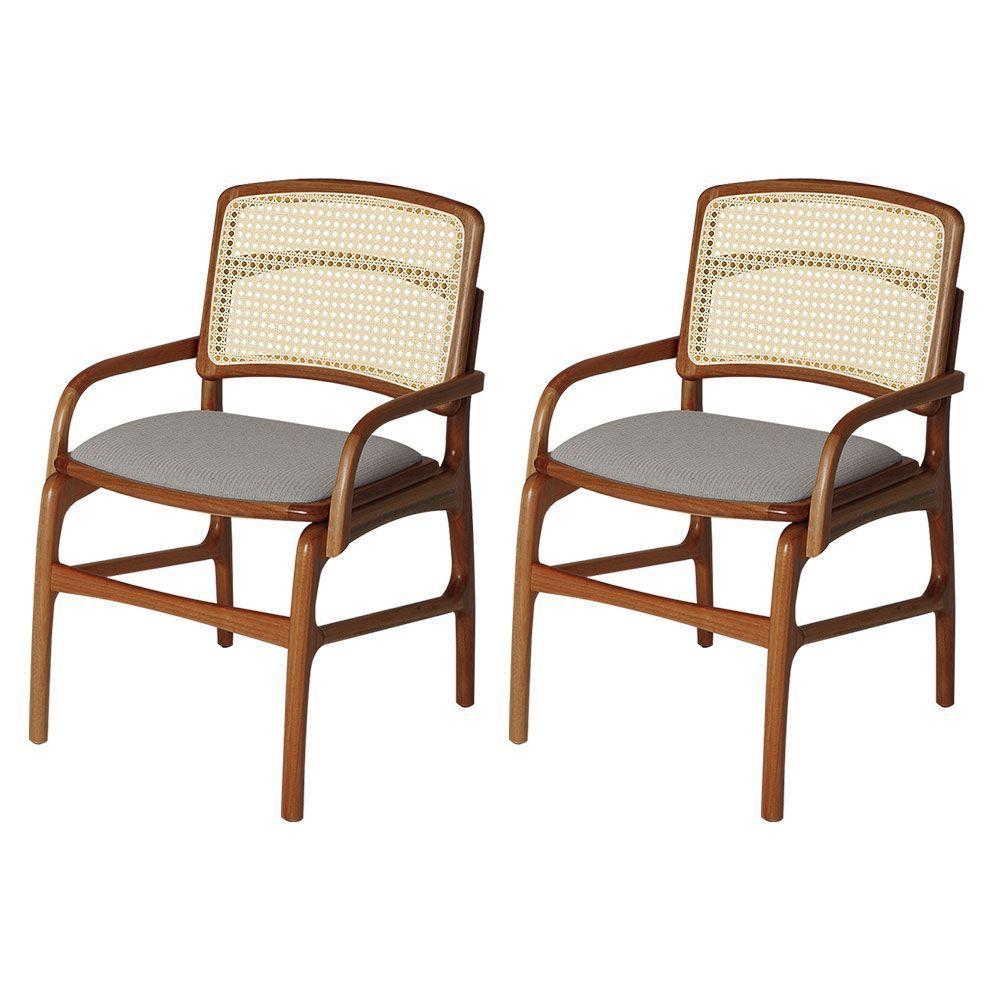 Conjunto 2 Cadeiras De Jantar Florença Em Madeira Jequitibá Terra Braço Encosto Palha Linho Cinza - 1