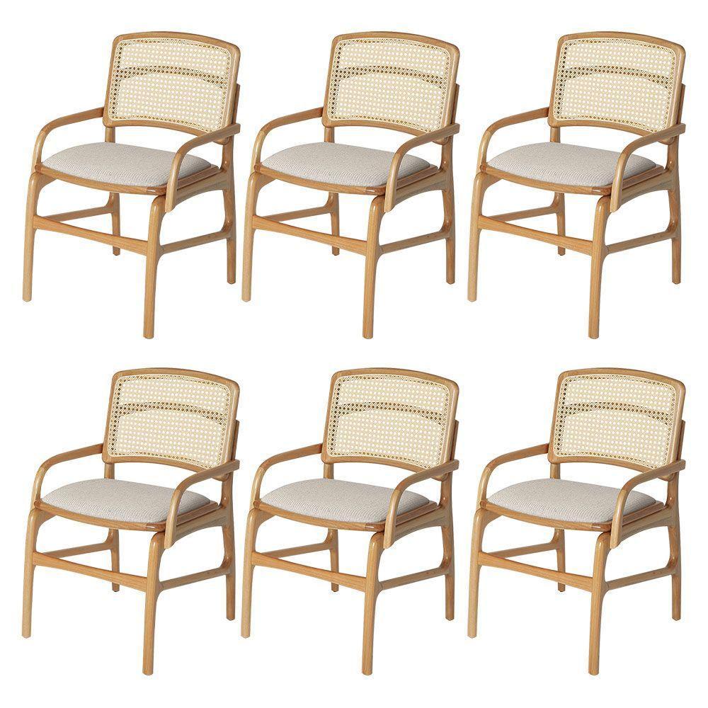 Jogo 6 Cadeiras De Jantar Florença Estrutura Em Madeira Jequitibá Natural Braço Encosto Palha Linho Bege - 1