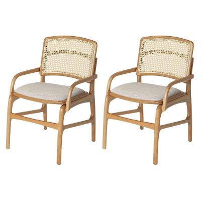 Jogo 2 Cadeiras De Jantar Florença Estrutura Em Madeira Jequitibá Natural Braço Encosto Palha Linho Bege