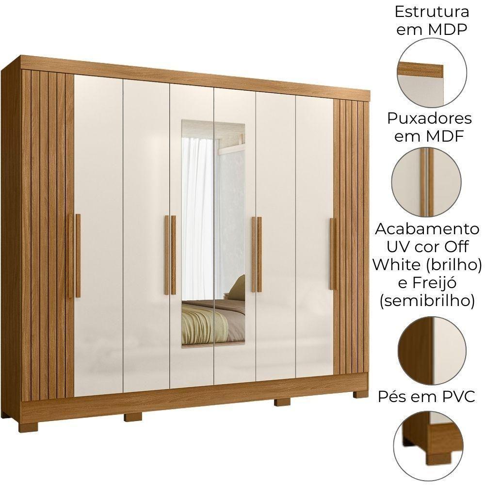 Guarda Roupa Casal Espelho 6 Portas 236 Cm Diplomata Freijo Off White Friso Moval - 4