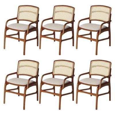 Jogo 6 Cadeiras Para Jantar Florença Em Madeira Jequitibá Terra Braço Encosto Palha Linho Bege