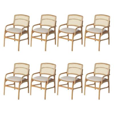 Conjunto 8 Cadeiras De Cozinha Florença Em Madeira Jequitibá Natural Braço Encosto Palha Linho Bege