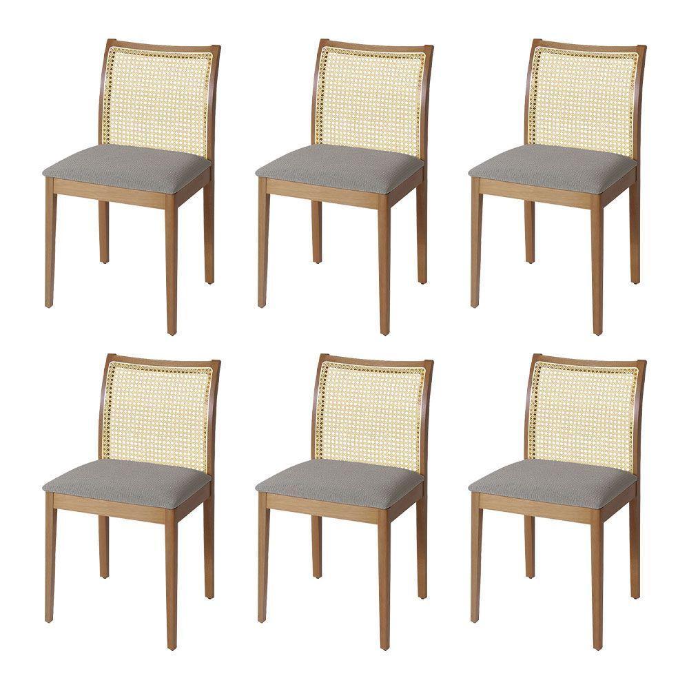Jogo 6 Cadeiras De Jantar Juliana Jequitibá Natural Em Madeira Maciça Encosto Palha Linho Cinza - 1
