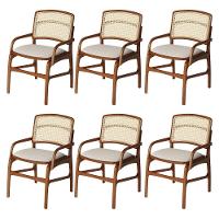 Conjunto 6 Cadeiras De Jantar Florença Em Madeira Jequitibá Terra Braço Encosto Palha Linho Bege - 1