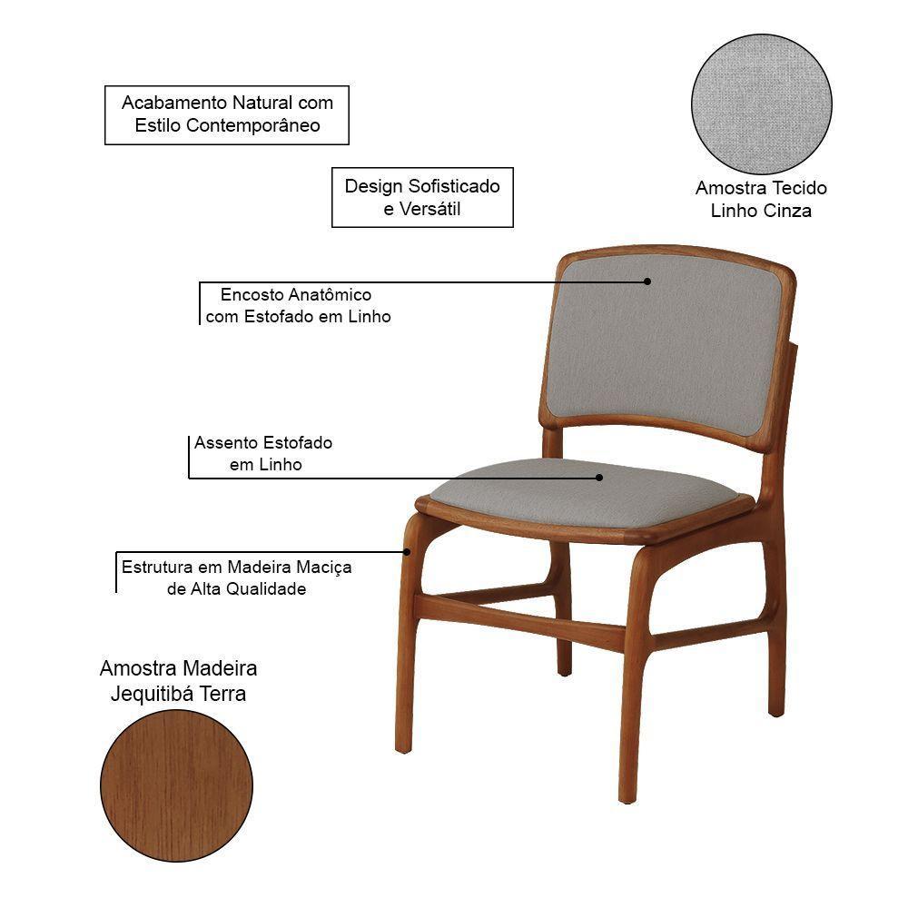 Cadeira De Jantar Florença Jequitibá Terra Encosto Em Linho Tecido Premium Linho Cinza - 3