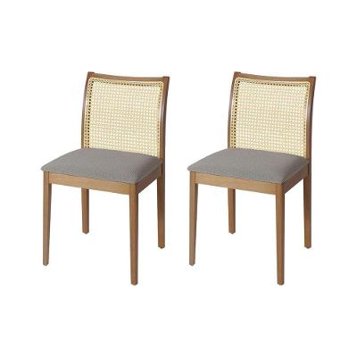 Jogo 2 Cadeiras De Jantar Juliana Jequitibá Natural Em Madeira Maciça Encosto Palha Linho Cinza