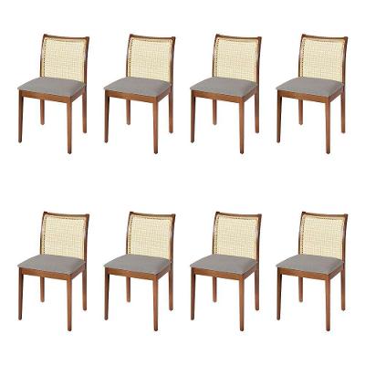 Jogo 8 Cadeiras De Jantar Juliana Jequitibá Terra Em Madeira Maciça Encosto Palha Linho Cinza