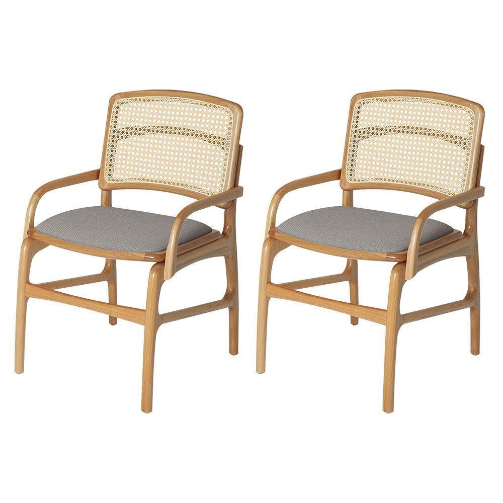 Jogo 2 Cadeiras Para Jantar Florença Em Madeira Jequitibá Natural Braço Encosto Palha Linho Cinza - 1