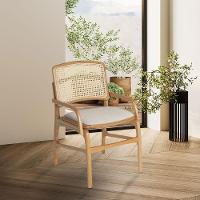 Cadeira De Jantar Florença Madeira Jequitibá Natural Com Braço Linho - Bege E Encosto De Palha - 1