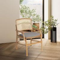 Cadeira Para Cozinha Florença Madeira Jequitibá Natural - Com Braço Linho Cinza E Encosto De Palha - 1