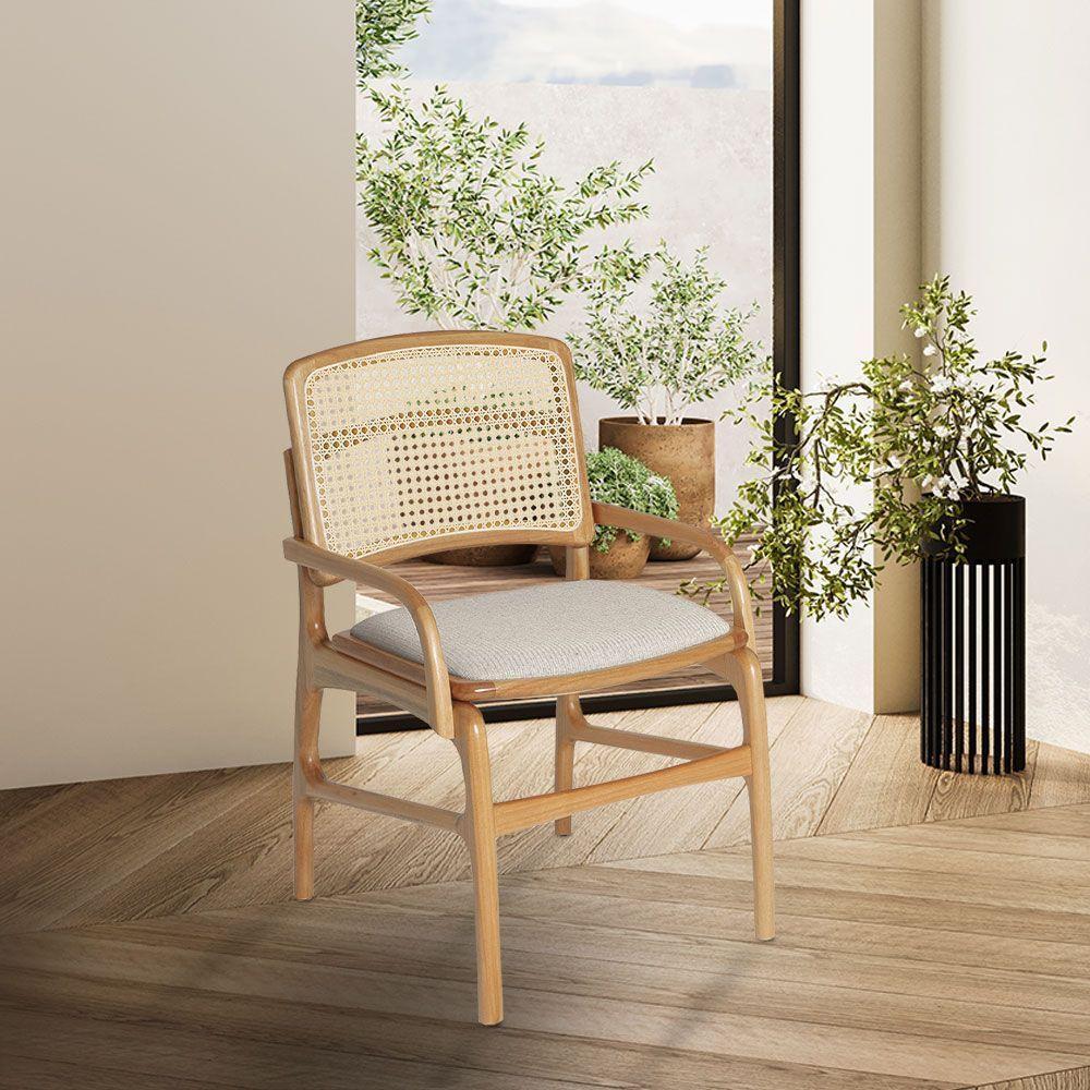 Conjunto 4 Cadeiras De Cozinha Florença Em Madeira Jequitibá Natural Braço Encosto Palha Linho Bege - 2