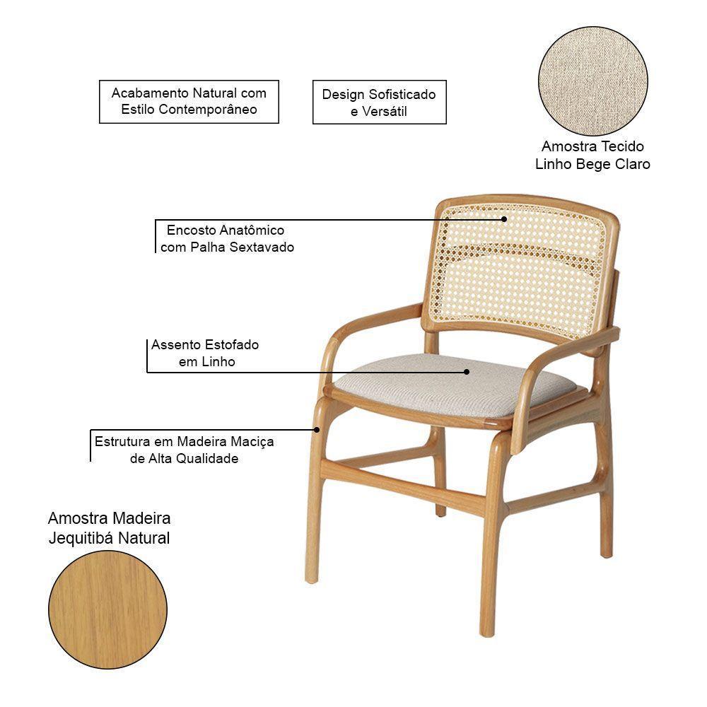 Conjunto 4 Cadeiras De Cozinha Florença Em Madeira Jequitibá Natural Braço Encosto Palha Linho Bege - 3