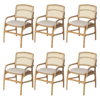 Jogo 6 Cadeiras Para Jantar Florença Em Madeira Jequitibá Natural Braço Encosto Palha Linho Bege