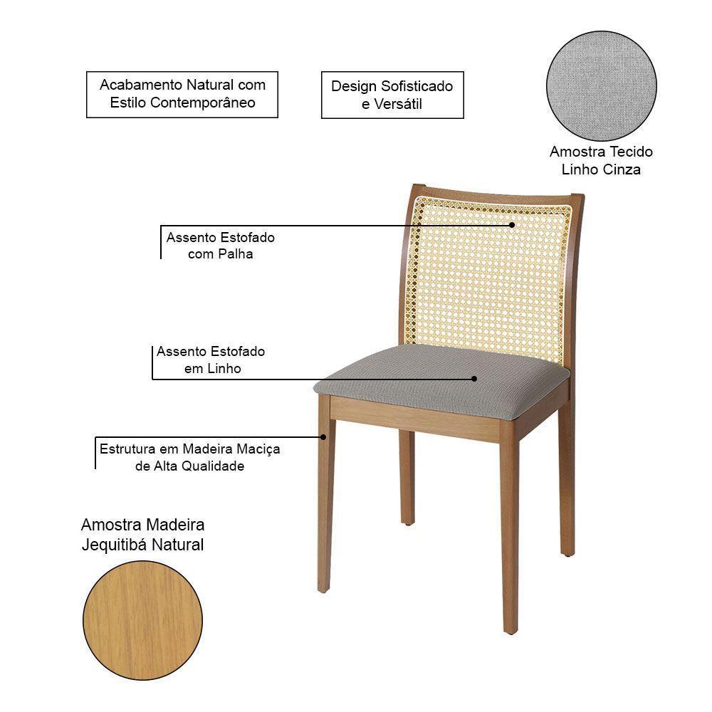 Jogo 8 Cadeiras De Jantar Juliana Jequitibá Natural Em Madeira Maciça Encosto Palha Linho Cinza - 3