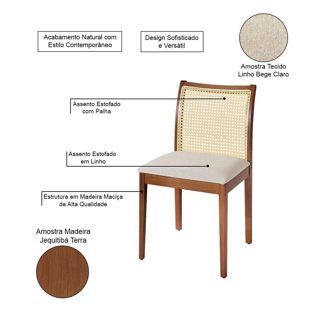 Jogo 2 Cadeiras Para Jantar Juliana Jequitibá Terra Estrutura Em Madeira Maciça Linho Bege - 3