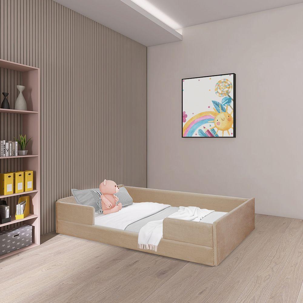 Cama Infantil Montessoriana Luana Em Madeira Maciça Com Revestimento Em Tecido Bege - 1