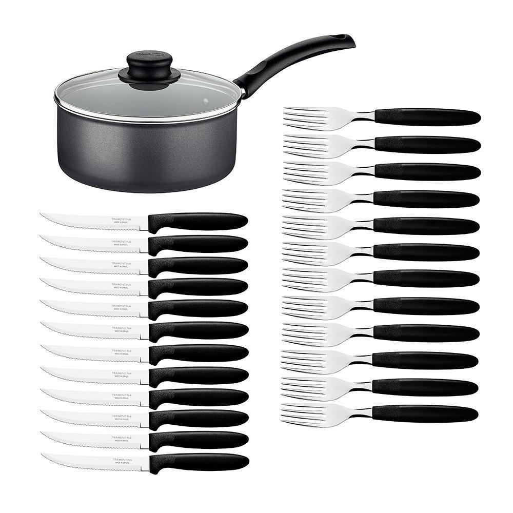 Panela Turim Alumínio Chumbo Antiaderente 1,4l + Cojunto De Garfo E Faca Ipanema 24pc - Tramontina - 1