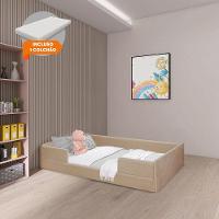 Cama Infantil Montessoriana Com Colchão Luana Em Madeira Maciça Com Revestimento Em Tecido Bege - 1